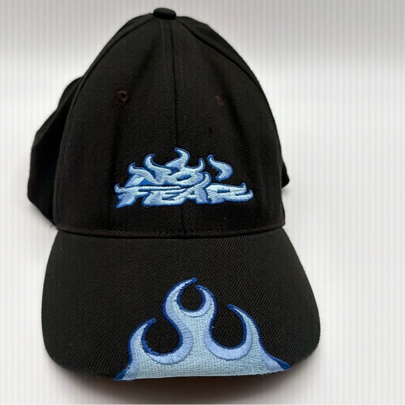 Vintage No Fear Flame Logo Black Blue Fitted Hat L/XL Y2K Streetwear - Picture 3 of 15